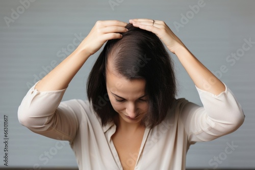 A middleaged woman with a headscarf, hiding her hair loss caused by alopecia. She is a successful lawyer and initially struggled with feeling less professional without her hair. However, photo