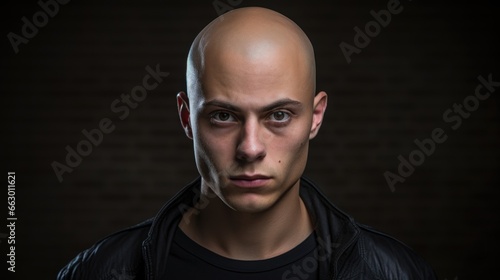 A young man with a full head of thick, dark hair, except for a small bald spot on his temple caused by alopecia. He is a musician and initially struggled with his image as he thought it