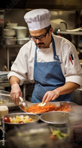 A blind chef  expertly preparing a multicourse meal in a bustling restaurant kitchen. He has memorized the layout and location of all the ingredients and has honed his cooking skills to