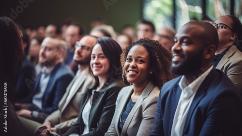 Diverse audience enjoying a business conference  attention foused on off-screen speaker
