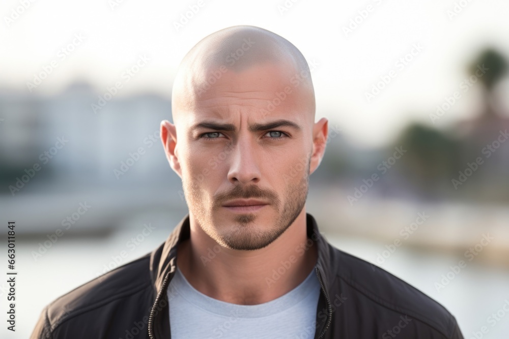 A young man with a shaved head, his hair receding and thinning due to alopecia. He is a
