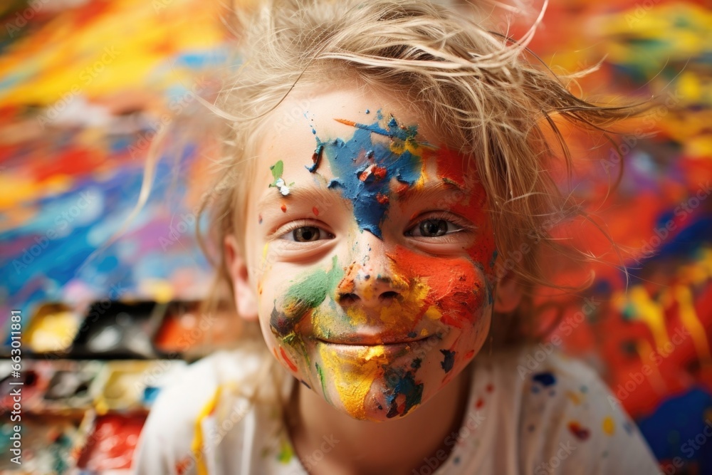A young girl with color blindness stands at her canvas, surrounded by a mess of paints and brushes. Despite her condition, she is determined to become a successful artist and has taught A young girl with color blindness stands at her canvas, surrounded by a mess of paints and brushes. Despite her condition, she is determined to become a successful artist and has taught
