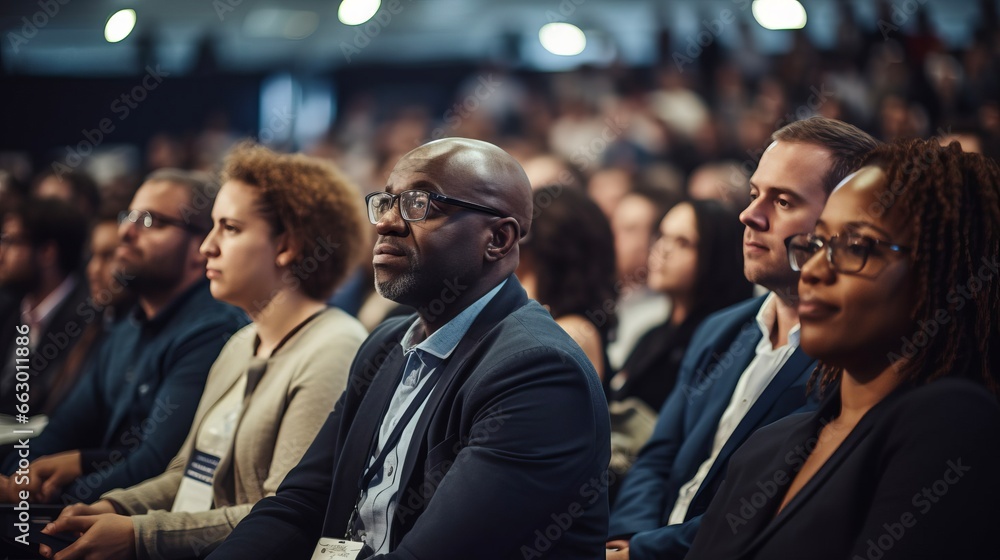 Obraz premium Diverse audience enjoying a business conference; attention foused on off-screen speaker