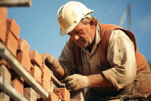 A construction worker with obesity heaves heavy bricks onto a scaffold, his heavy breaths and aching joints showing the toll his weight takes on him. Despite the physical demands of his