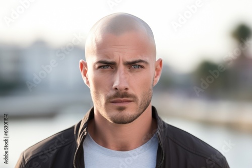 Fototapeta A young man with a shaved head, his hair receding and thinning due to alopecia