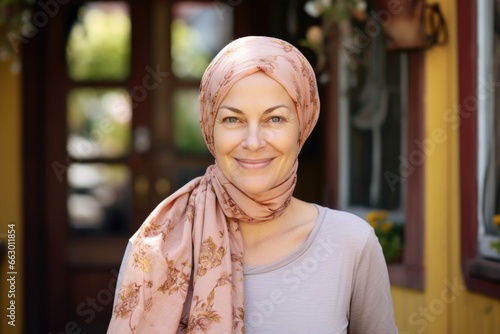 A middleaged woman with a headscarf, hiding her partially bald head caused by alopecia. She is a stayathome mom and feels selfconscious and isolated from other moms at school events and photo
