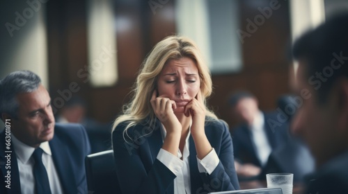 A lawyer in a highstress courtroom, trying to maintain a calm demeanor while struggling to catch her breath. Her asthma can be triggered by stress, but she has found ways to manage it and photo