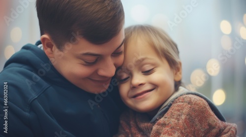 A parent with dwarfism lovingly embraces their child, proud to watch them grow and thrive despite being born with the same condition. They instill confidence and selflove in their child, photo