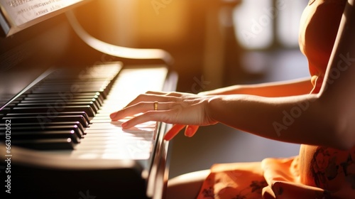 A woman with paraplegia working as a musician, playing the piano with her beautifully manicured hands. She has adapted her playing style to accommodate her disability and is a talented and photo