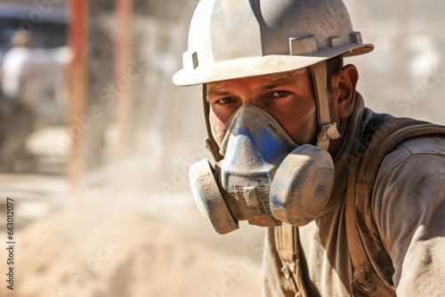 A construction worker with a heavyduty mask over his face as he works on a dusty job site. His asthma has made it difficult for him to continue in his chosen profession, but he refuses to