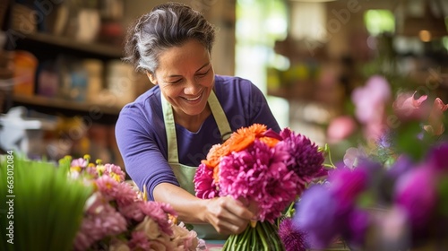 A florist with color blindness carefully arranges bouquets of flowers, using her knowledge of contrast and texture to create stunning arrangements. While she may not be able to fully appreciate © Justlight