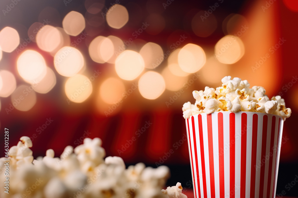 Movie, red and white striped popcorn, Box. with delicious popcorn in Cinema or movie theatre bokeh background with copy space Movie, red and white striped popcorn, Box. with delicious popcorn in Cinema or movie theatre bokeh background with copy space