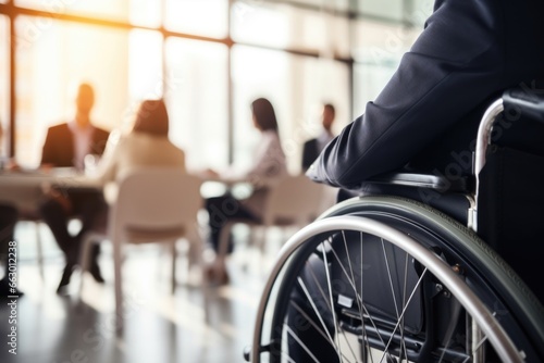 A CEO with paraplegia confidently addresses her team, directing the success of her company from her wheelchair. She is a strong, capable leader who doesnt let her physical limitations stand