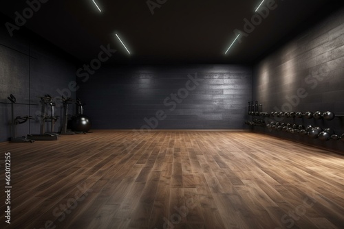 Dark vacant wall in contemporary gym with wooden floor. Generative AI