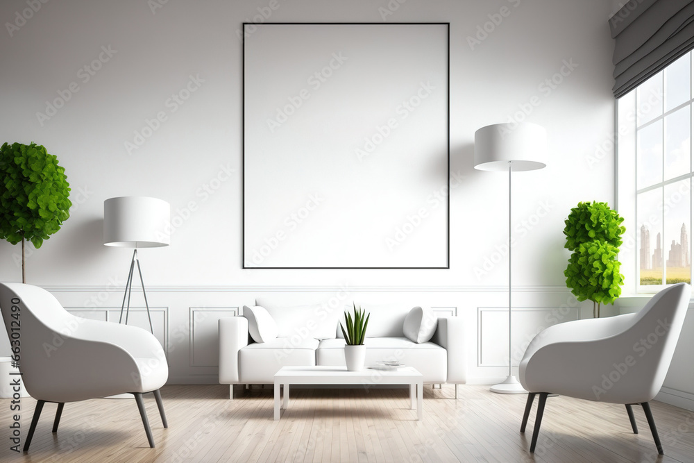 Bright living room with empty white poster, five armchairs, coffee
