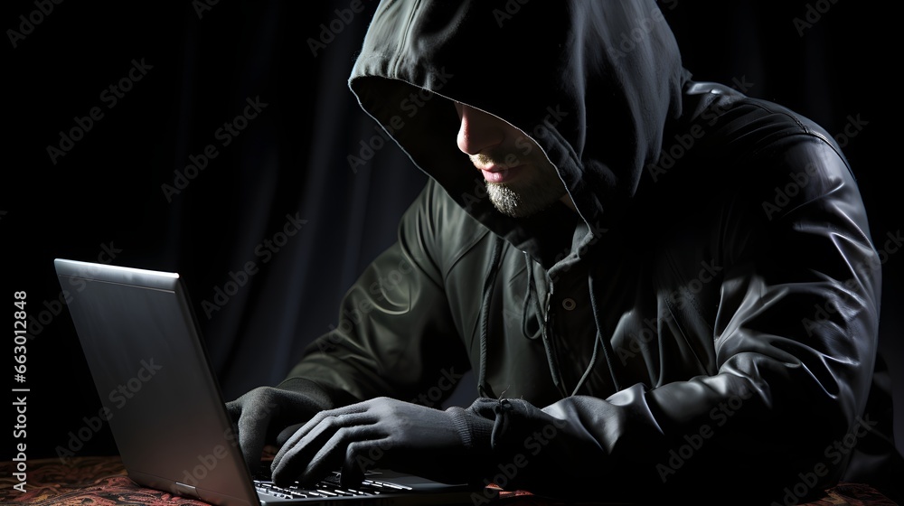 A person in a hooded jacket engaging in computer hacking activities, concept of cybercrime and cybersecurity, Created with Generative AI Technology A person in a hooded jacket engaging in computer hacking activities, concept of cybercrime and cybersecurity, Created with Generative AI Technology