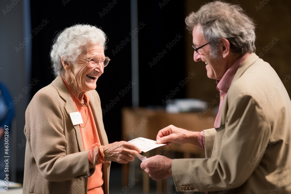 At a senior blind date event, two individuals exchange papers detailing personal insights, initiating a dialogue in search of companionship At a senior blind date event, two individuals exchange papers detailing personal insights, initiating a dialogue in search of companionship