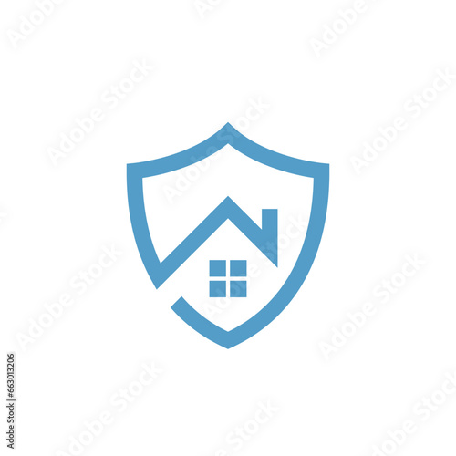 Safe home logo - house with window and chimney and shield symbol