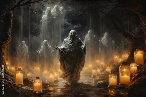 Illuminated spirit lanterns, guiding lost souls to their final resting place - Generative AI © Sidewaypics