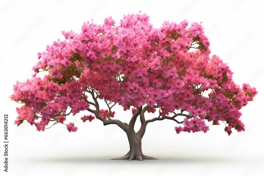 Front view of a flowering tree with white background, rendered in 3D illustration. Generative AI