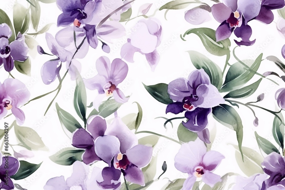 Seamless pattern of blooming orchids. Lilac flowers, green leaves, stems on light background. Watercolor brush stroke. Suitable for fabric, wrapping, home decor. Generative AI
