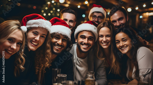 Merry and Bright, Multicultural Group Celebrating Christmas and New Year in Santa Hats