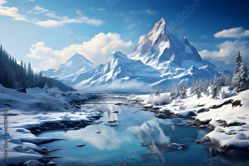 Snow-capped Peaks, Majestic Winter Landscape in the Mountains © ELmidoi-AI