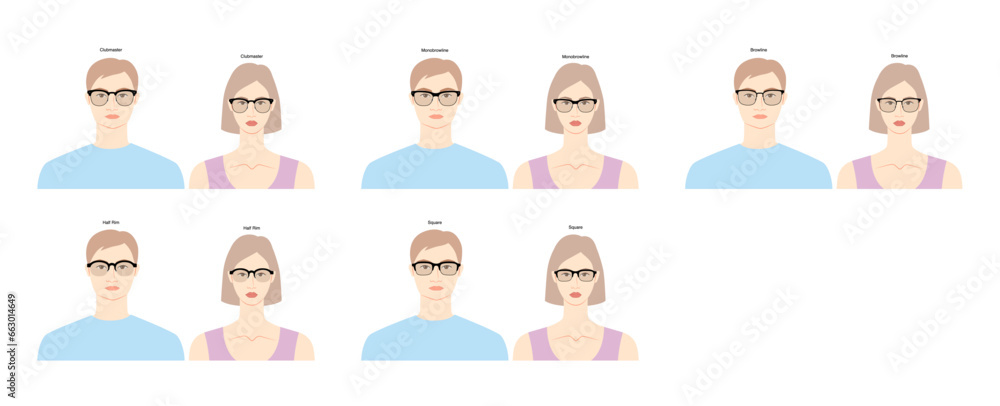 Set of Browline frame glasses on women and men flat character fashion accessory illustration. Sunglass front view unisex silhouette style, rim spectacles eyeglasses with sketch style outline isolated Set of Browline frame glasses on women and men flat character fashion accessory illustration. Sunglass front view unisex silhouette style, rim spectacles eyeglasses with sketch style outline isolated