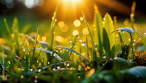 Sunlit field of fresh green grass with dew drops close-up. A wonderful artistic image of the purity and freshness of nature. Generative AI