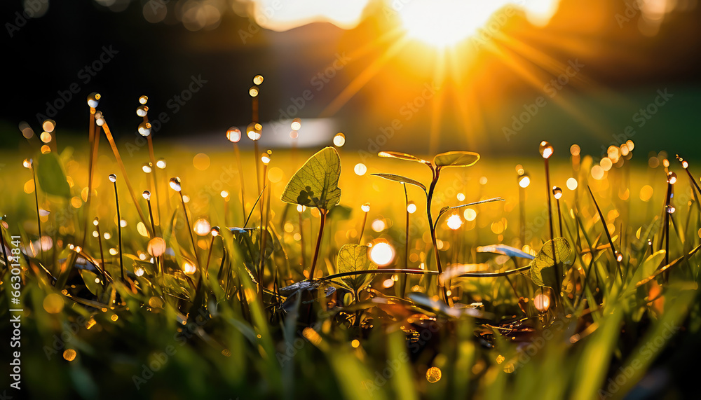 Sunlit field of fresh green grass with dew drops close-up. A wonderful artistic image of the purity and freshness of nature. Generative AI - obrazy, fototapety, plakaty 