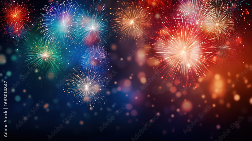 Fototapeta premium Colorful firework with bokeh background with copy space for New Year celebration, Abstract holiday background Happy New year blurred banner, party