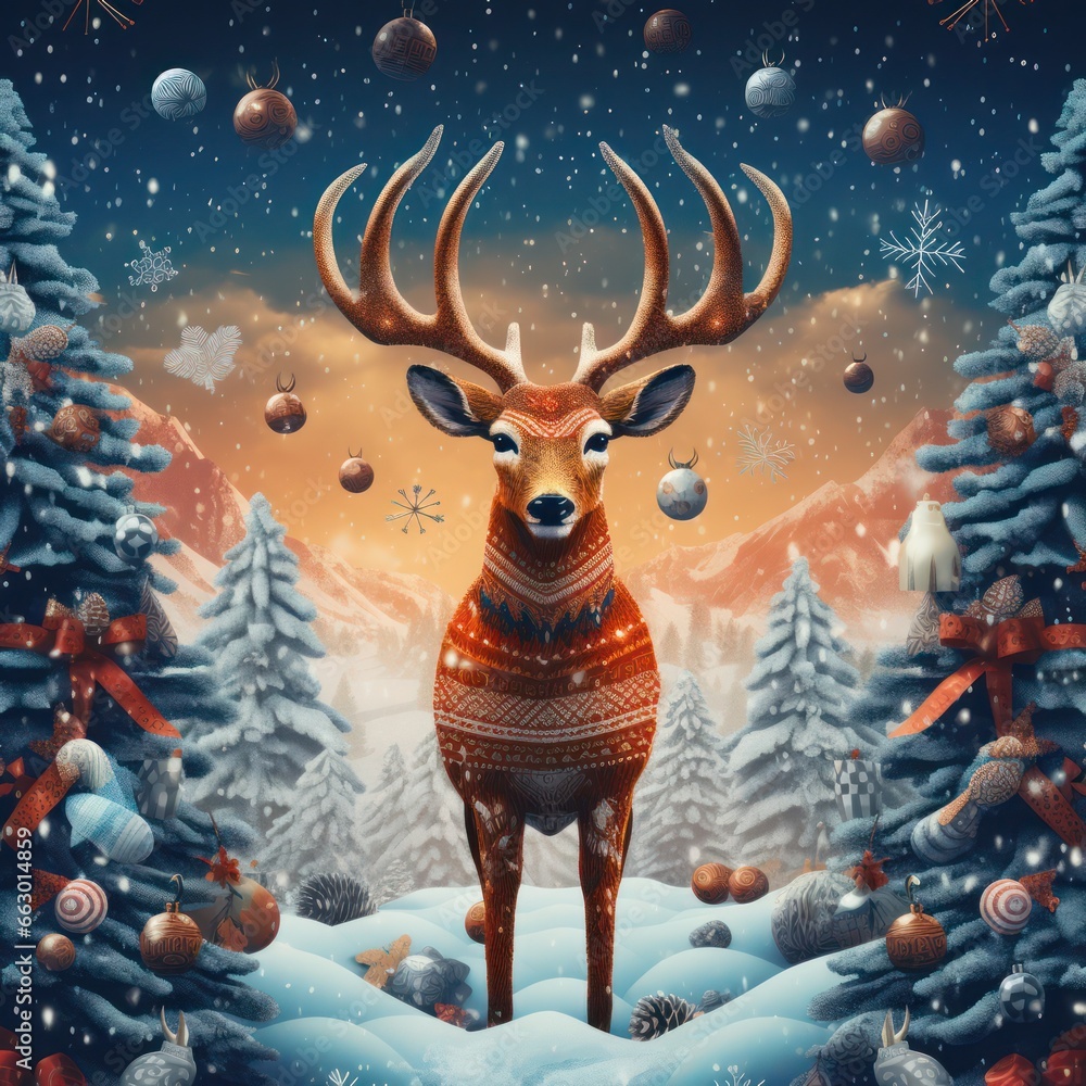 Illustration of a Christmas reindeer in a festive setting Illustration of a Christmas reindeer in a festive setting