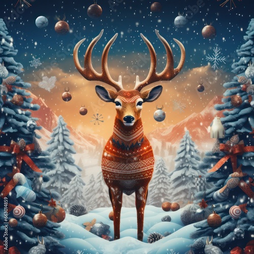 Illustration of a Christmas reindeer in a festive setting © Zoran