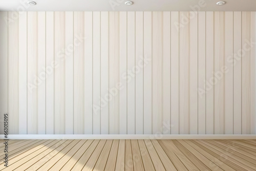 Vacant parquet-floored room with white striped vinyl wallpaper. Living room design illustration. Generative AI