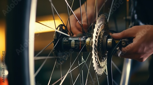 Close up hand of male mechanic working in bicycle repair shop, repairing broke bike photo