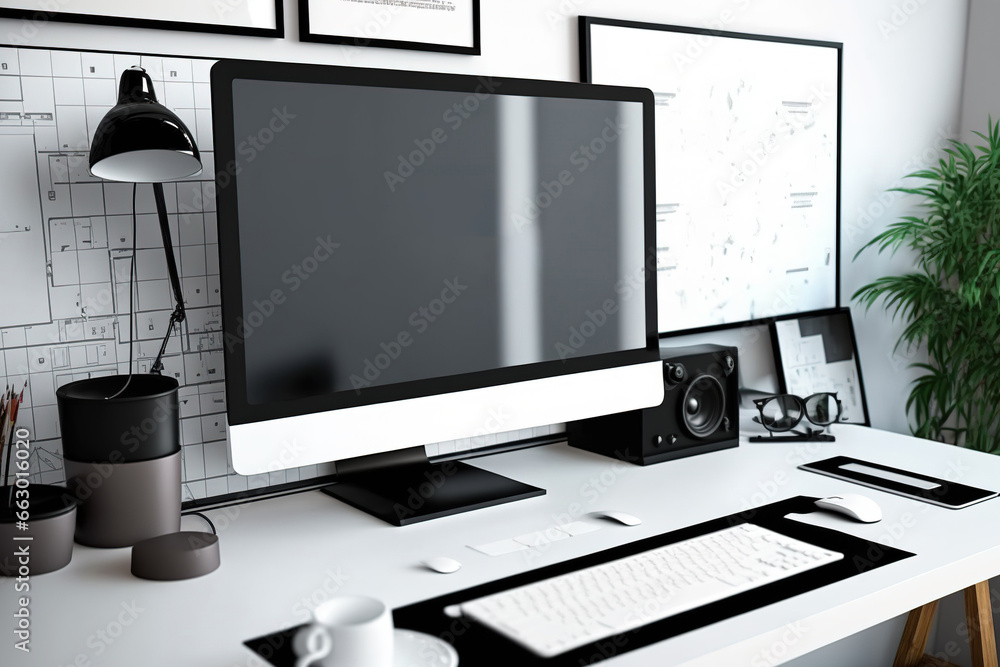 Fototapeta premium ed workstation mockup with contemporary computer display. Generative AI