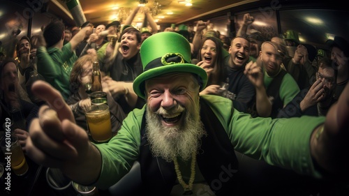 An elderly man in hysterical rapture and happiness as one of a group of people celebrating St. Patrick's Day with a drink