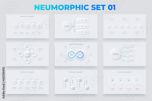 Nine slides with neumorphic infographics elements. Timelines, rings, flowcharts and cycle diagrams. Set of Infograph concept with 3, 4, 5 and 6 options