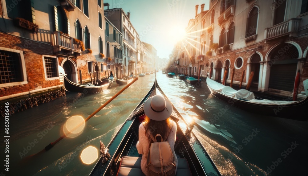 Back view tourist woman hat backpack vacation gondola Venice Wanderlust concept

 - obrazy, fototapety, plakaty 