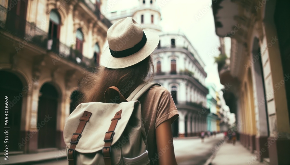 Tourist woman hat backpack vacation Cuba Havana Wanderlust concept

