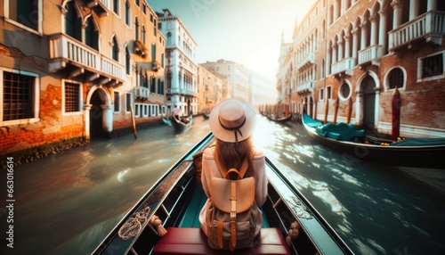 Back view tourist woman hat backpack vacation gondola Venice Wanderlust concept