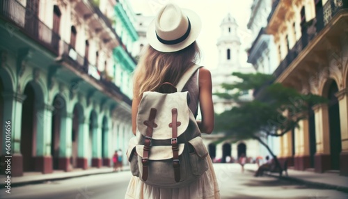 Tourist woman hat backpack vacation Cuba Havana Wanderlust concept