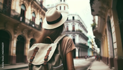 Tourist woman hat backpack vacation Cuba Havana Wanderlust concept