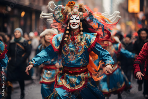 Vibrant Chinese New Year Parade, Colorful Costumes, Energized Streets photo
