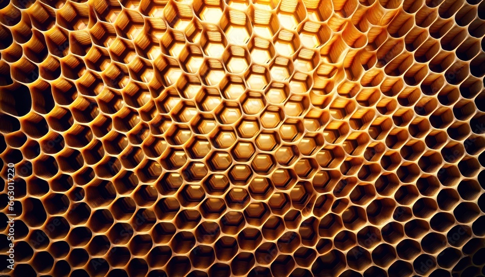 Honeycomb Geometric Pattern Close-up with Translucent Honey

