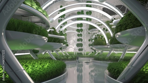  Green garden in modern city. Futuristic indoor botanical garden spectacular design