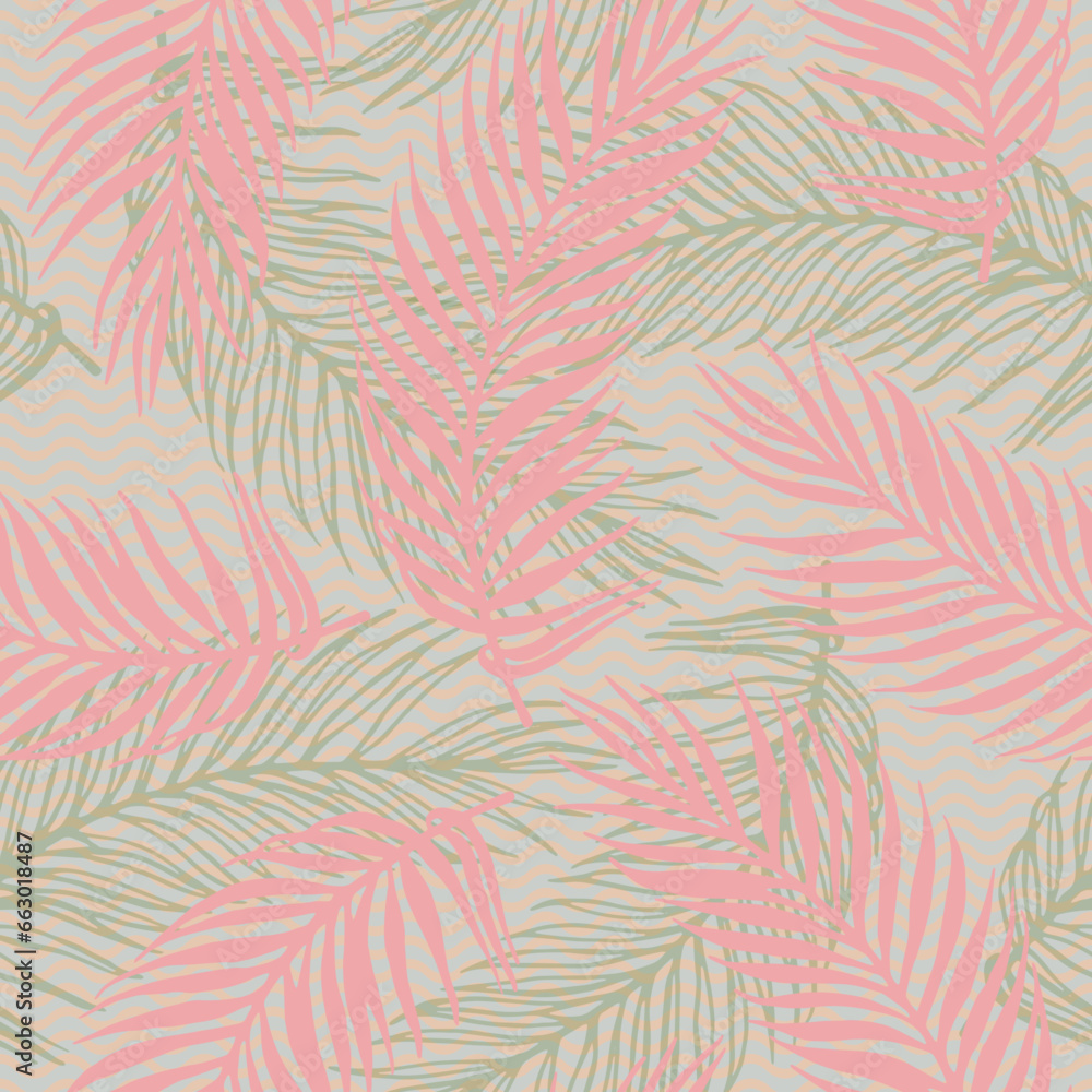 Fototapeta premium Repeat paradise palm leaves vector pattern. Botanical design over waves texture