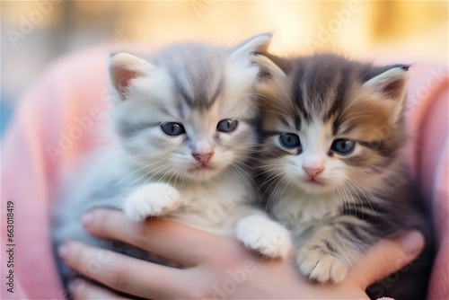 Close up of female hand holding two cute kittens