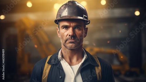 Handsome industrial worker in suit and hardhat.