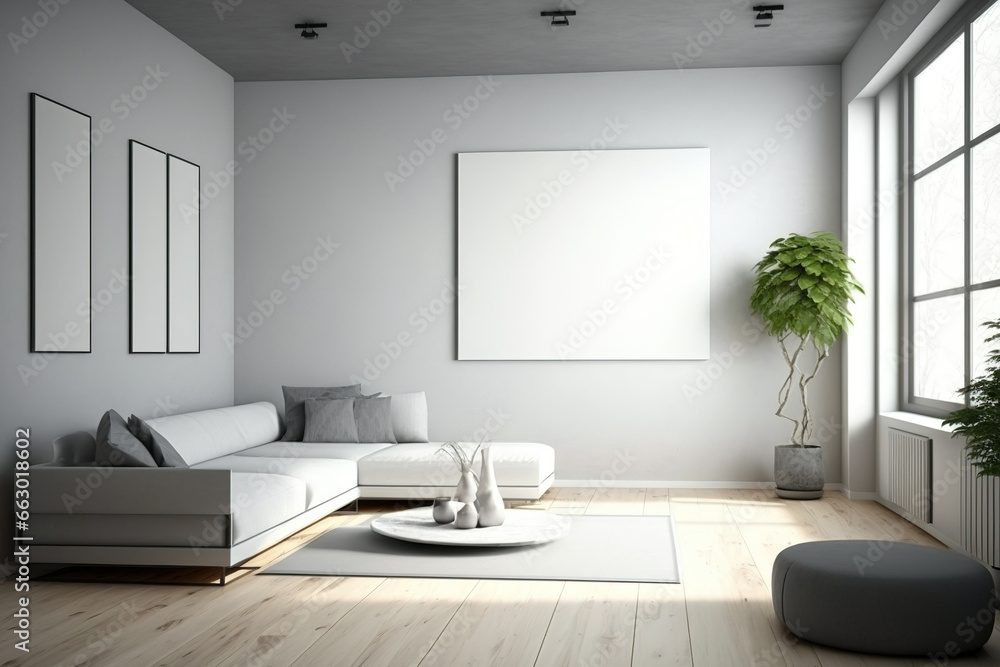 A white sofa, a canvas on the wall, a parquet floor, a room painted white and gray, and an apartment devoid of furnishings. Arrangement of the design. Generative AI A white sofa, a canvas on the wall, a parquet floor, a room painted white and gray, and an apartment devoid of furnishings. Arrangement of the design. Generative AI